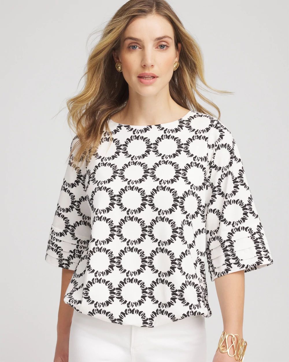 Elastic Frilled Neck Geo Printed Top